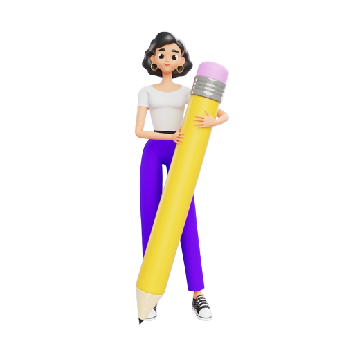 Exploring the Digital Marketing Landscape: woman posing with a giant pencil, representing insightful blog content.